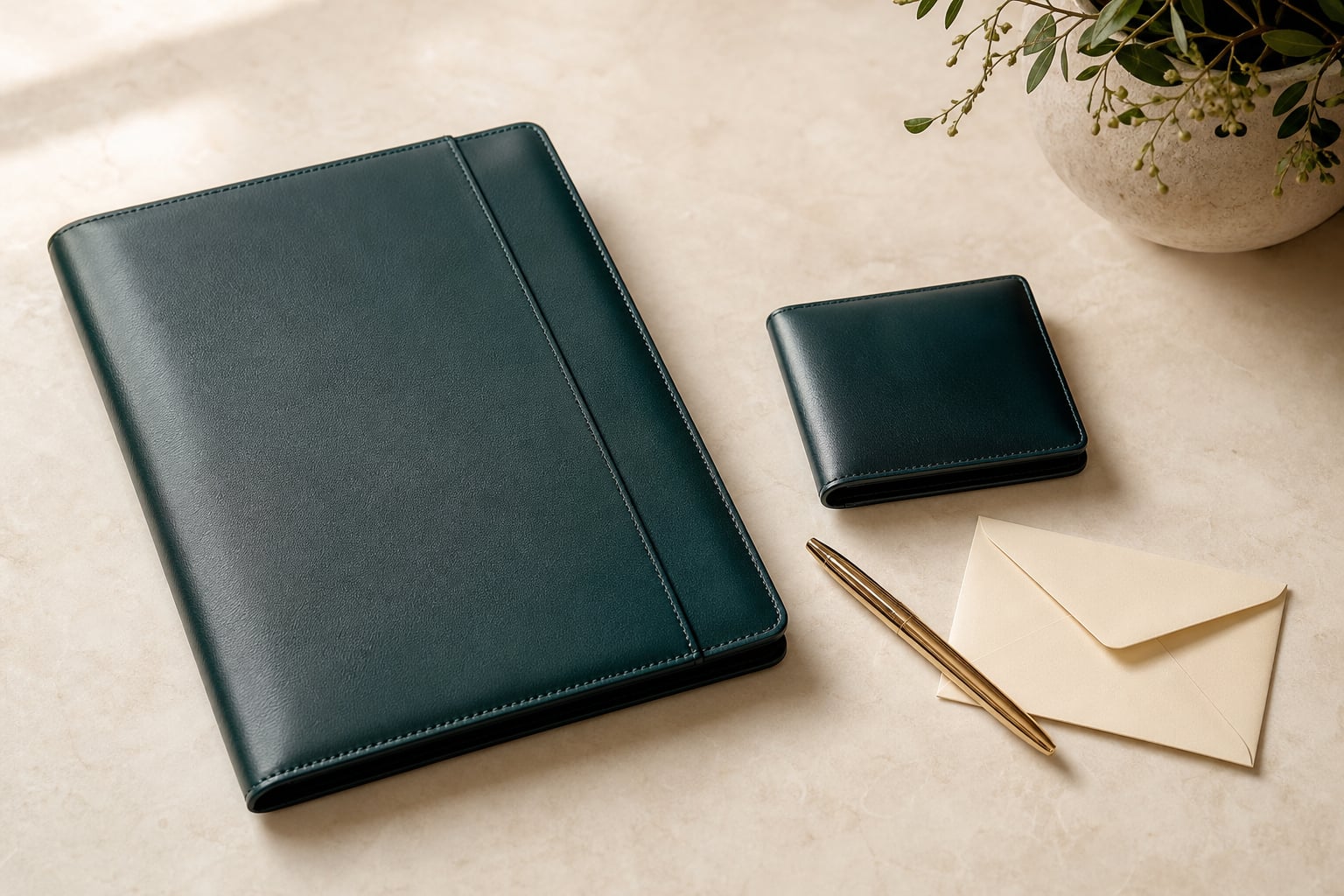 Deep teal leather folder, wallet, gold pen, and ivory envelope arranged on a warm ivory table