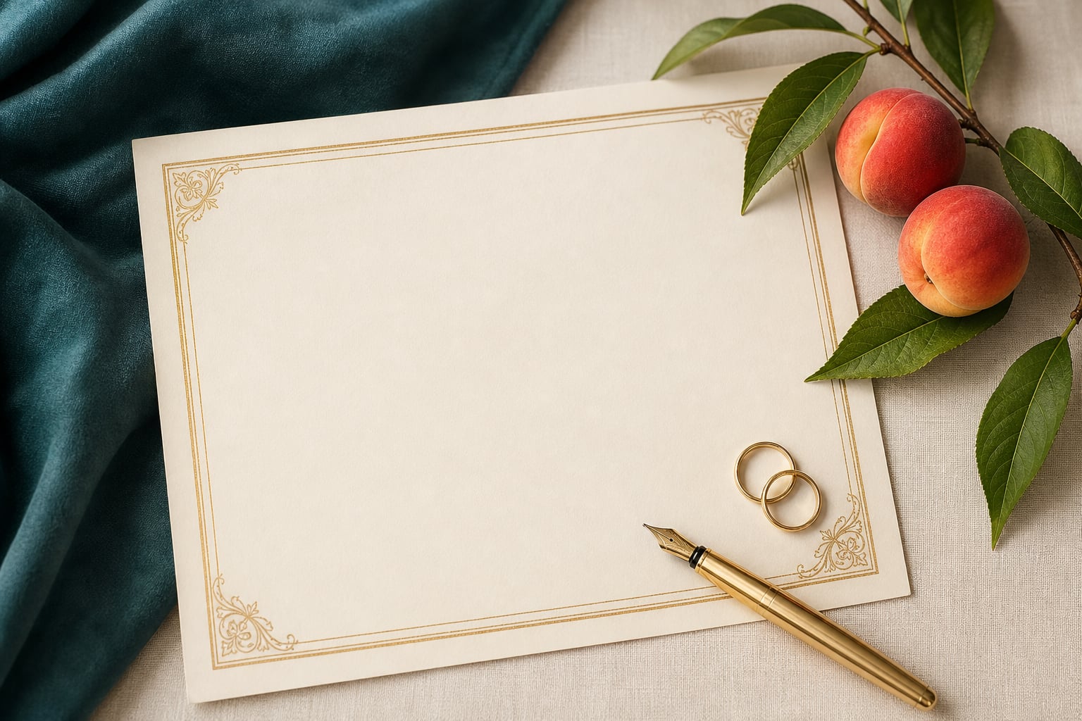 Gold wedding rings, a fountain pen, peaches, and an ivory paper arranged on deep teal fabric