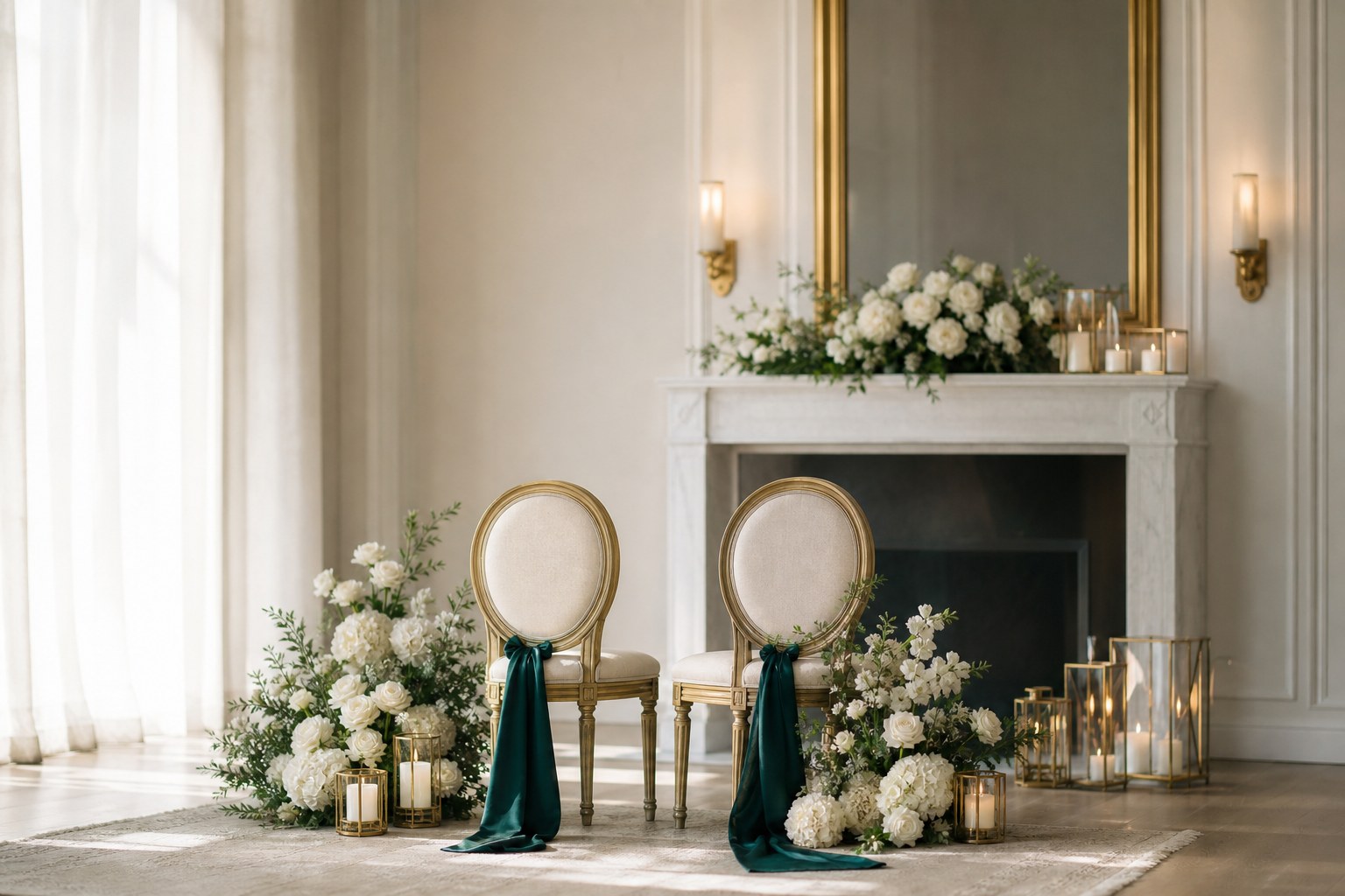 Two ivory chairs with white flowers, gold details, and deep teal ribbons in an intimate sunlit ceremony setting