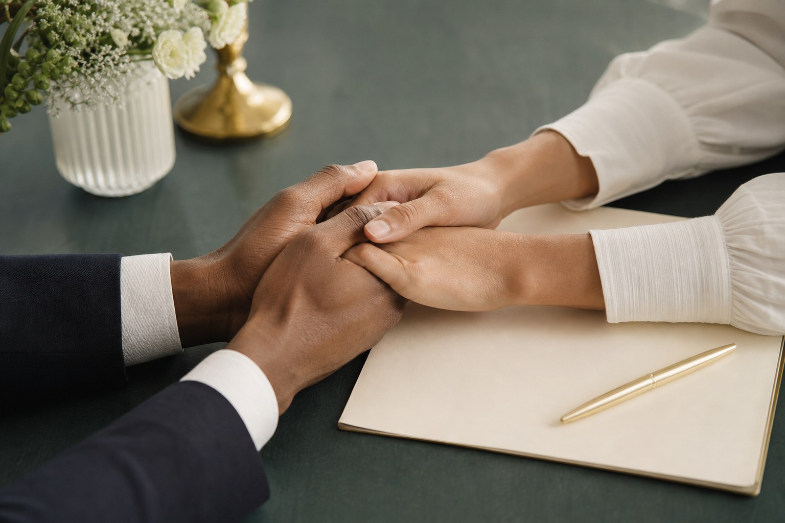 Couple holding hands over a warm ivory folder with a gold pen