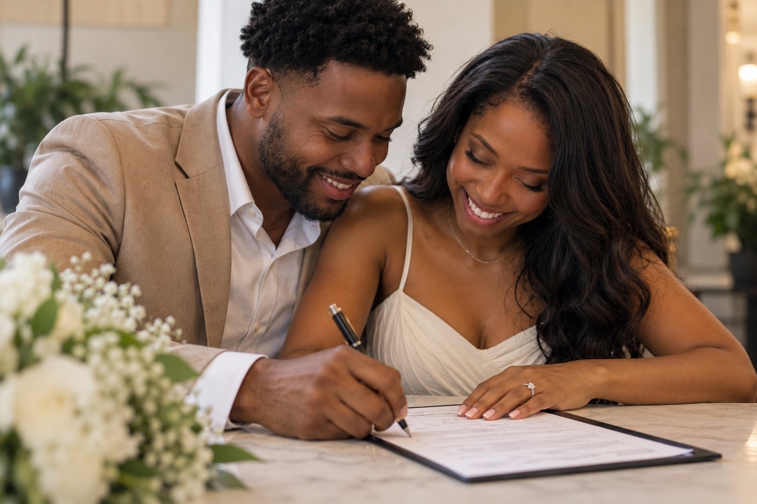 Couple completing a marriage license together with an elegant pen