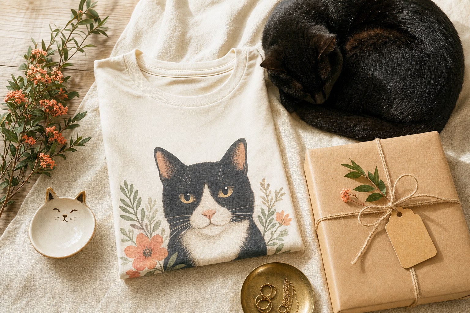 Wrapped cat-lover gift with a graphic tee and a black cat nearby
