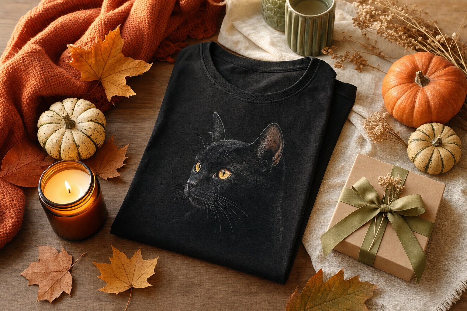 Black cat graphic tee styled with small pumpkins and autumn leaves