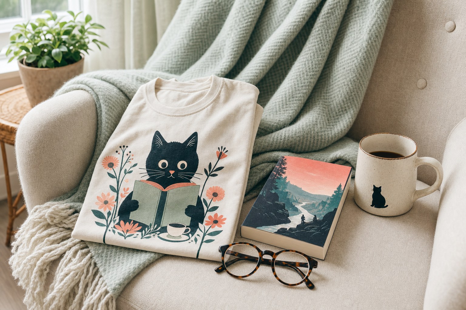 Cat-themed graphic tee, book, glasses, and coffee mug arranged as a gift