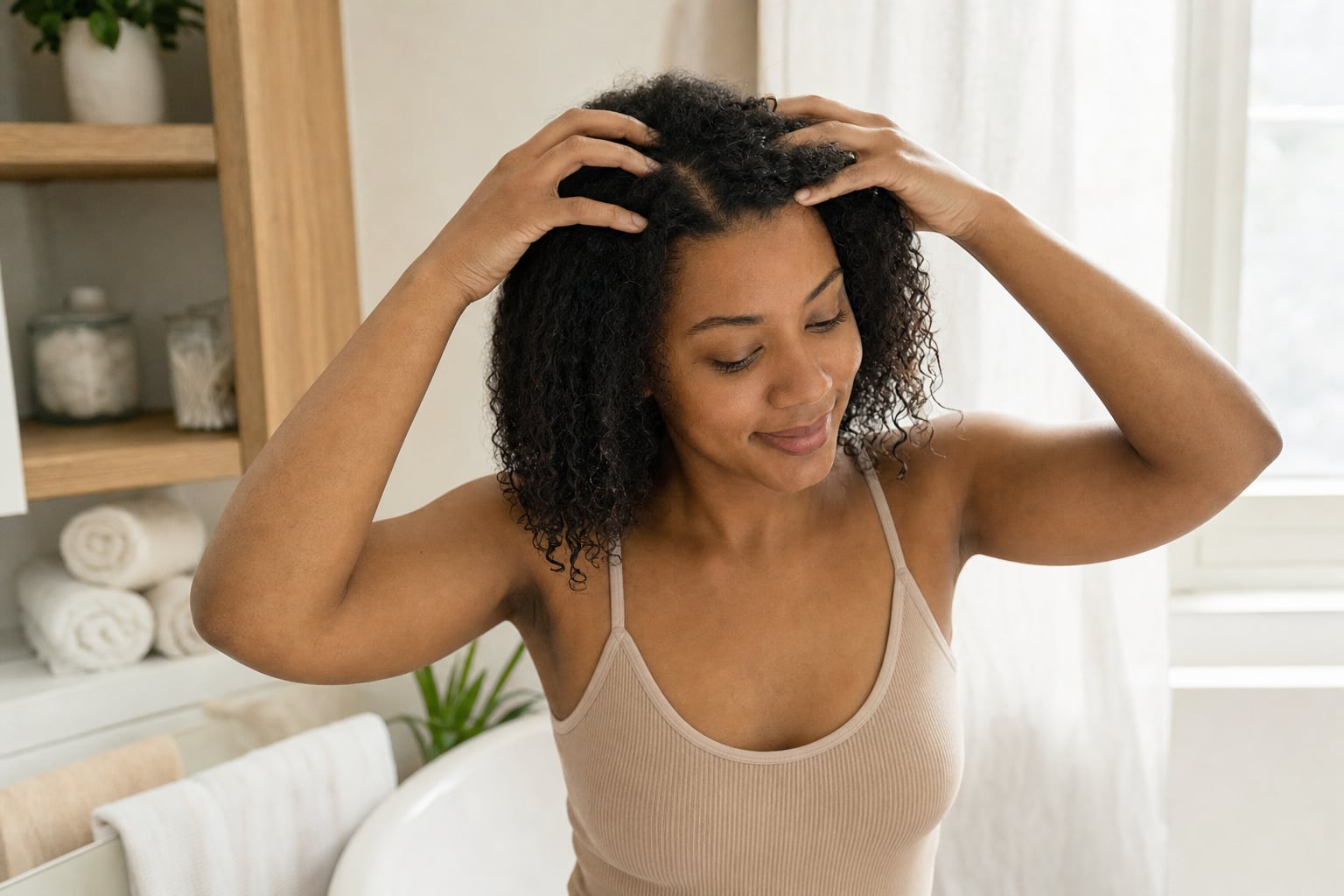 A person gently massaging their scalp with relaxed fingertips at home