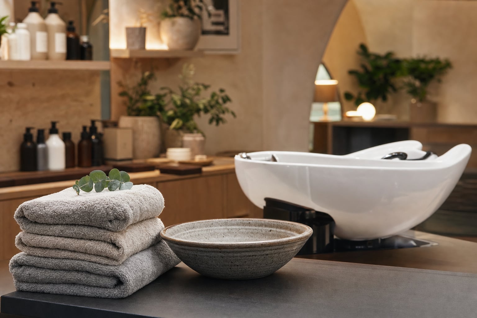 Warm towels and a salon wash basin prepared for a restorative scalp-care appointment
