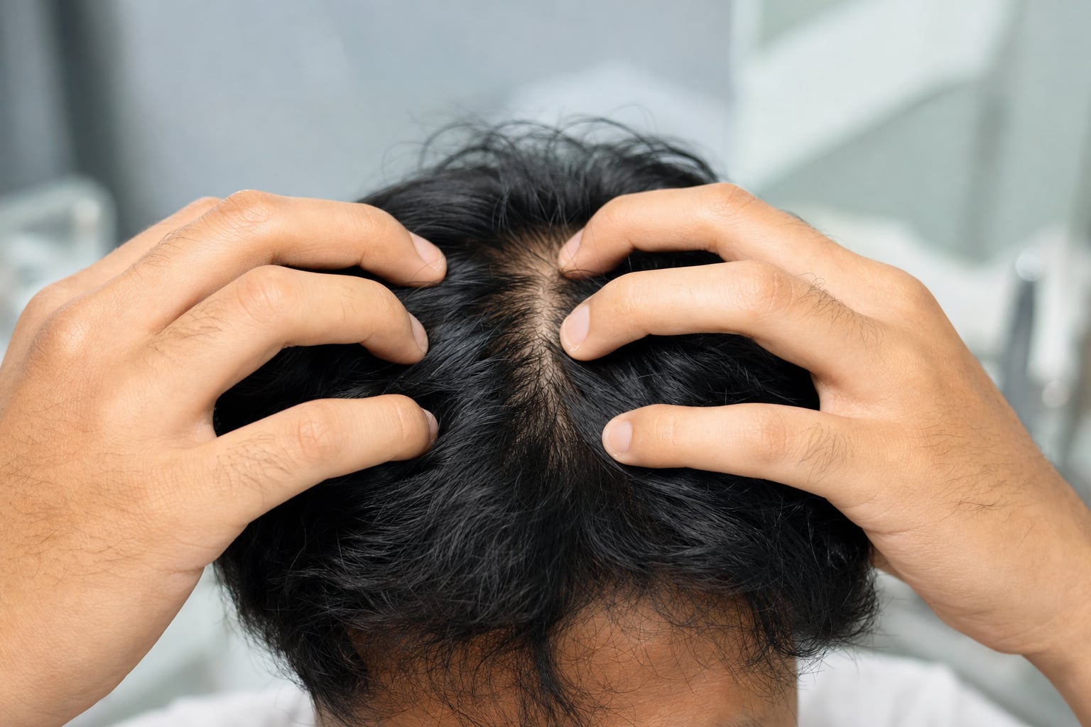 Close-up of gentle fingertip pressure during a scalp massage