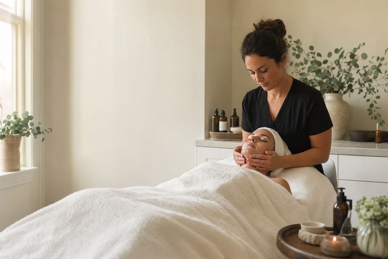 A serene facial treatment in a sunlit spa room