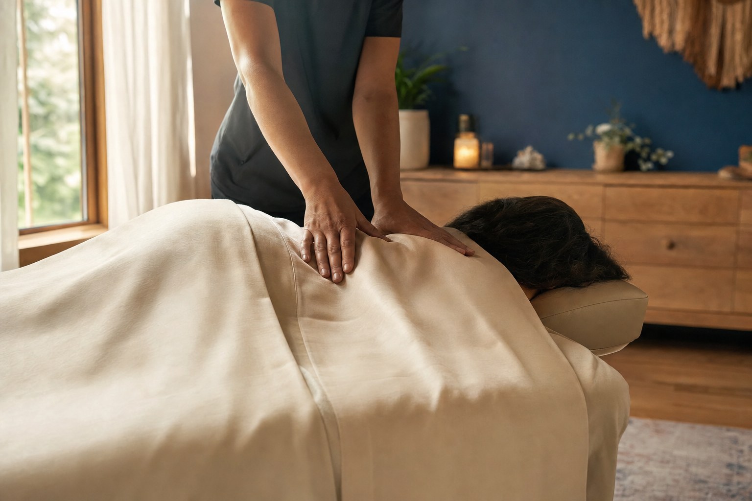 A massage therapist giving a relaxing upper back massage in a calm spa room