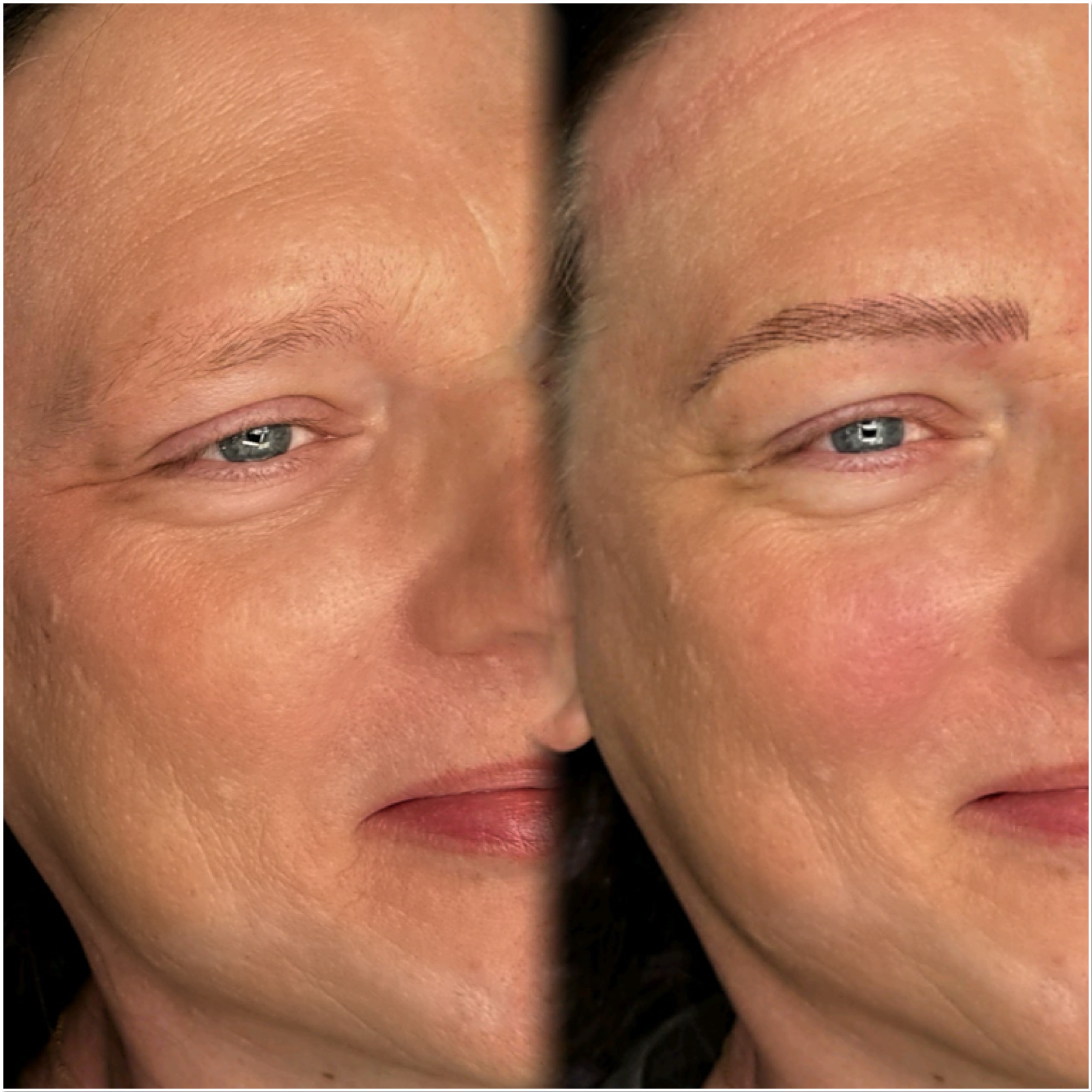 Permanent brow before-and-after comparison with softly defined hair strokes