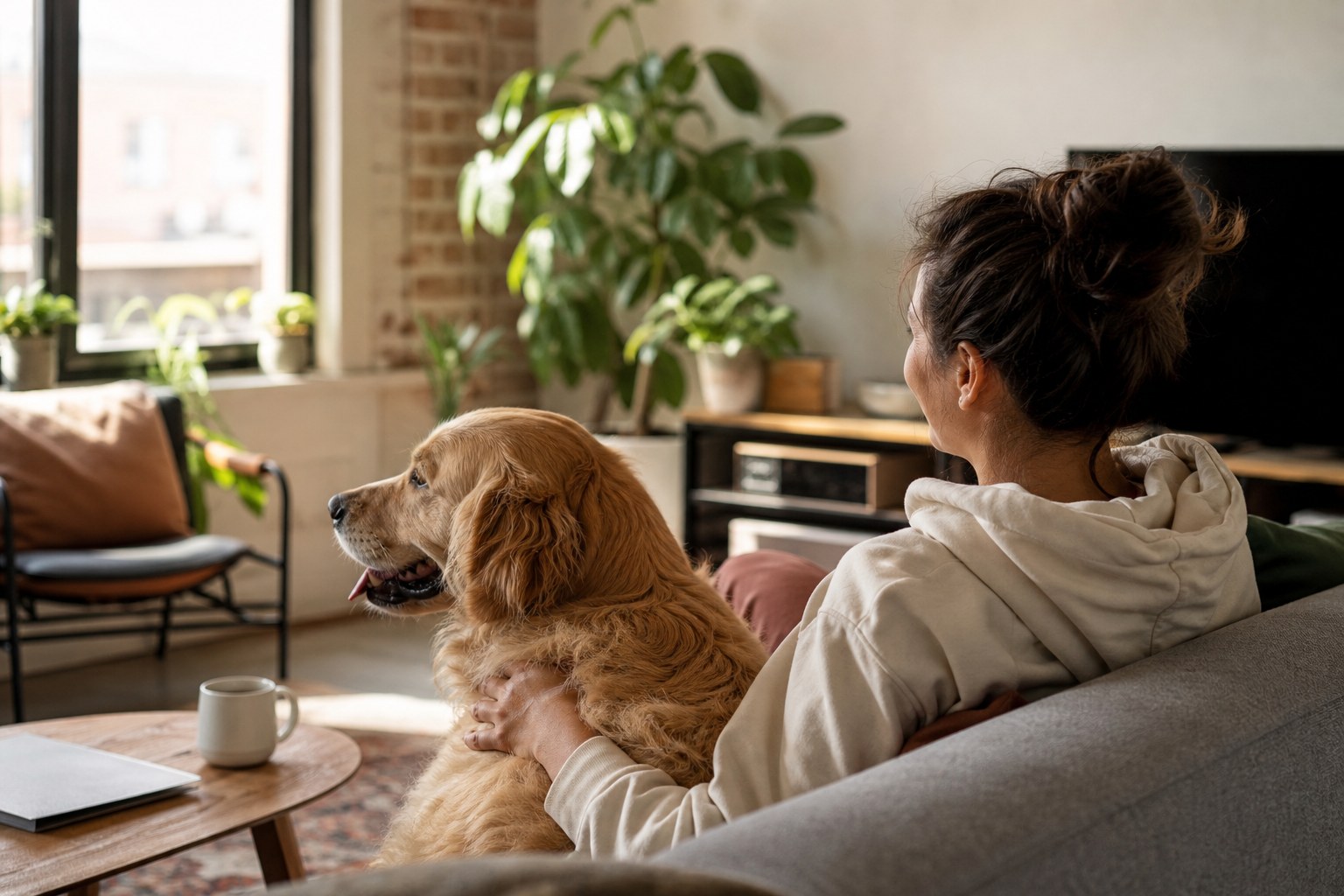 Person relaxing at home with a dog