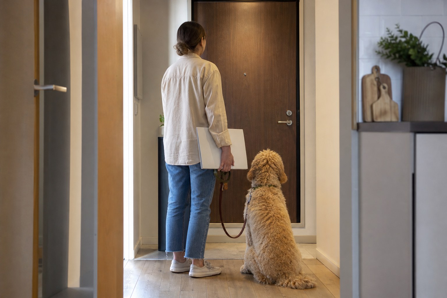 Person and dog at an apartment entryway