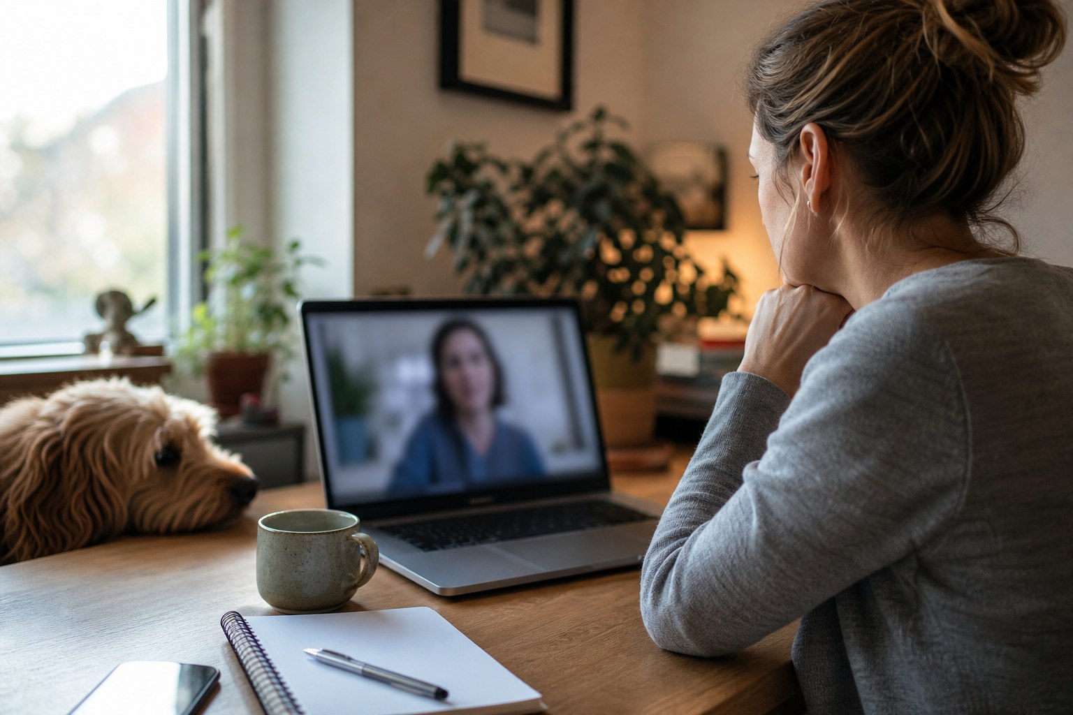 Person speaking on a laptop at home with a dog nearby