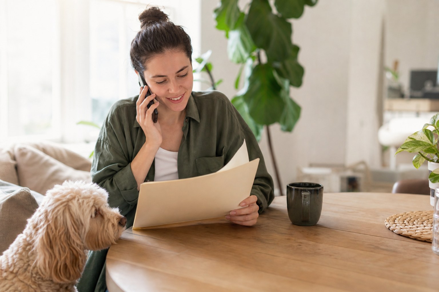 Person reviewing a blank folder at home with a dog nearby