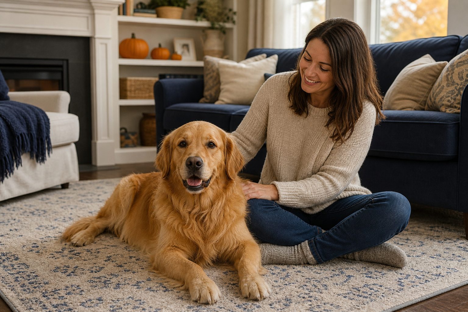 Person spending a quiet autumn evening with a dog at home