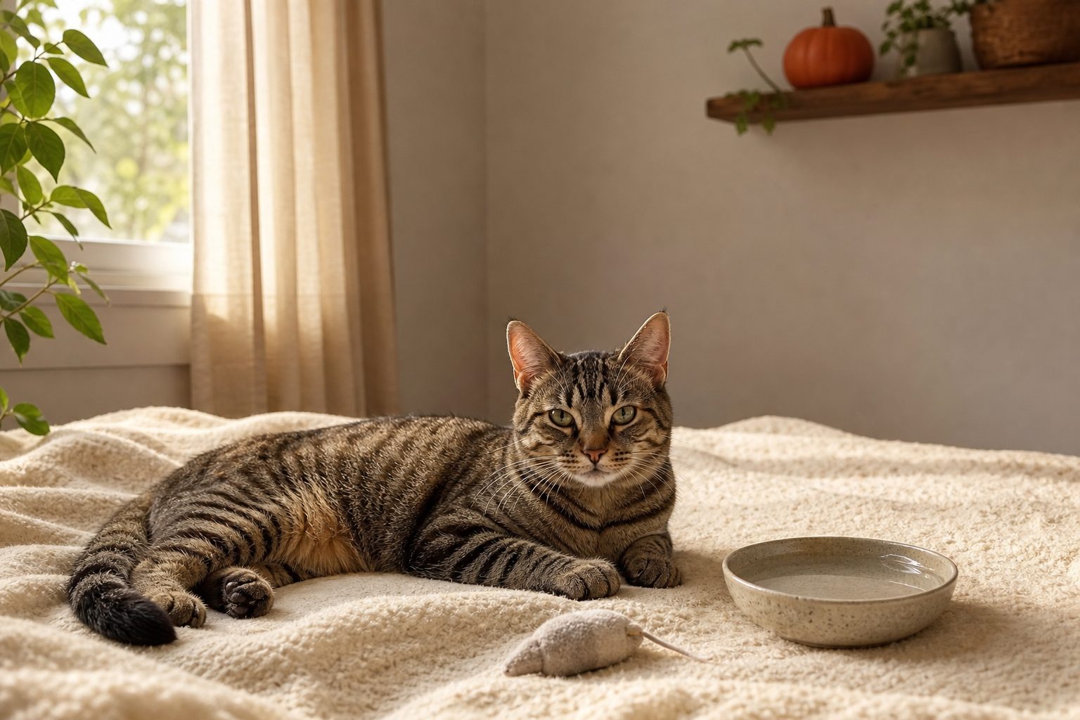 Cat resting on a familiar blanket in a quiet room