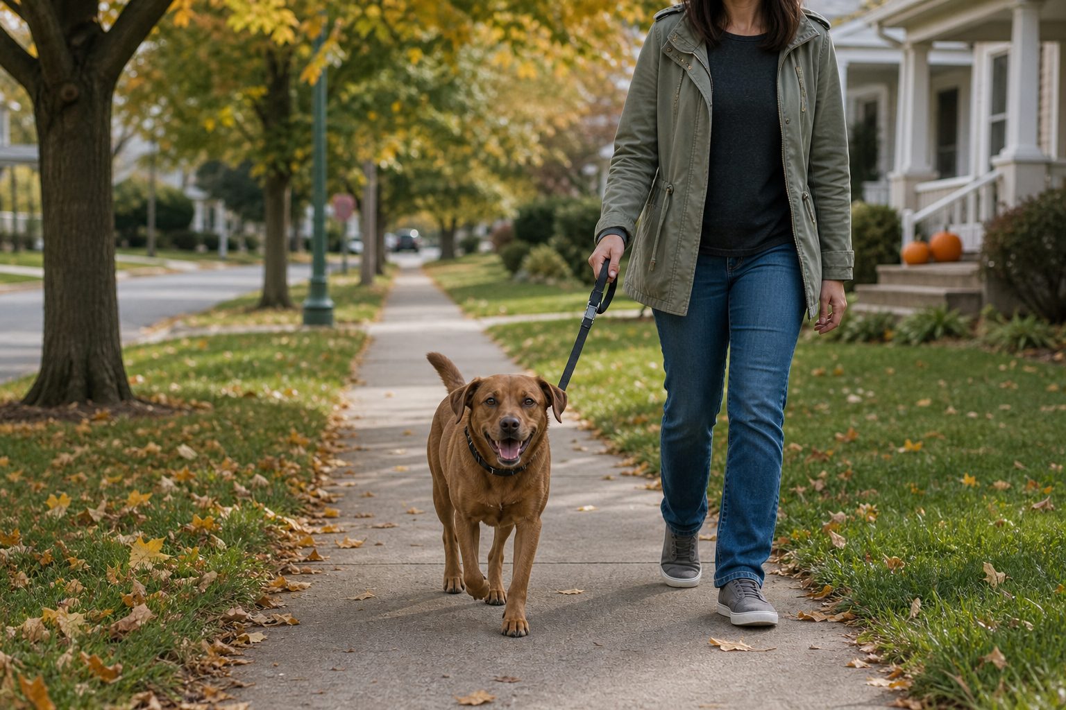 Person walking a leashed dog on a quiet autumn sidewalk