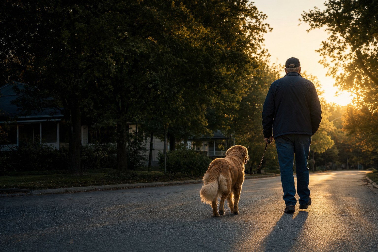 Person walking with a support dog at sunrise