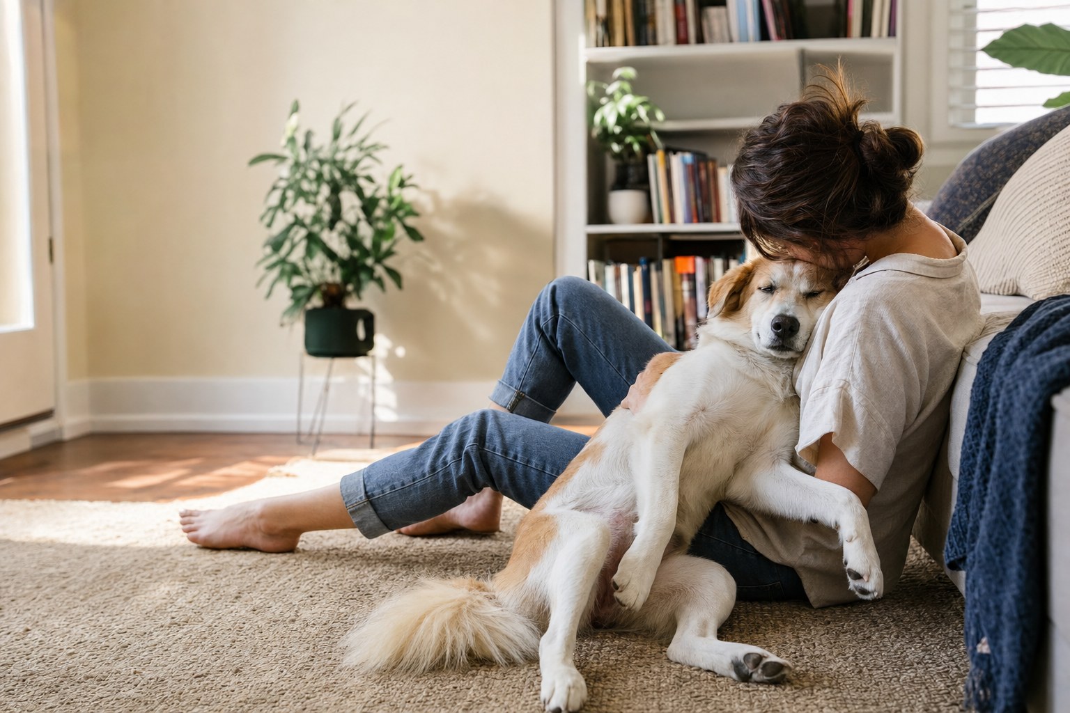 Person relaxing at home with a dog