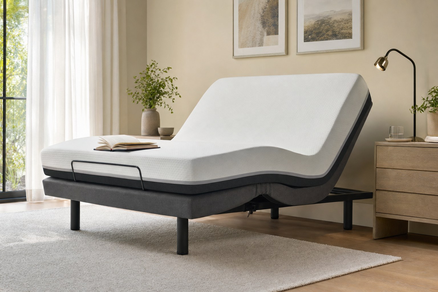 A modern adjustable mattress base raised for reading comfort.