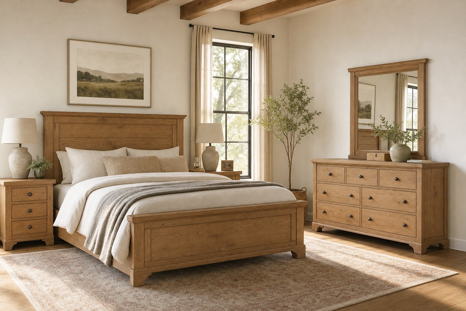 An oak bedroom set with a bed, dresser and mirror.