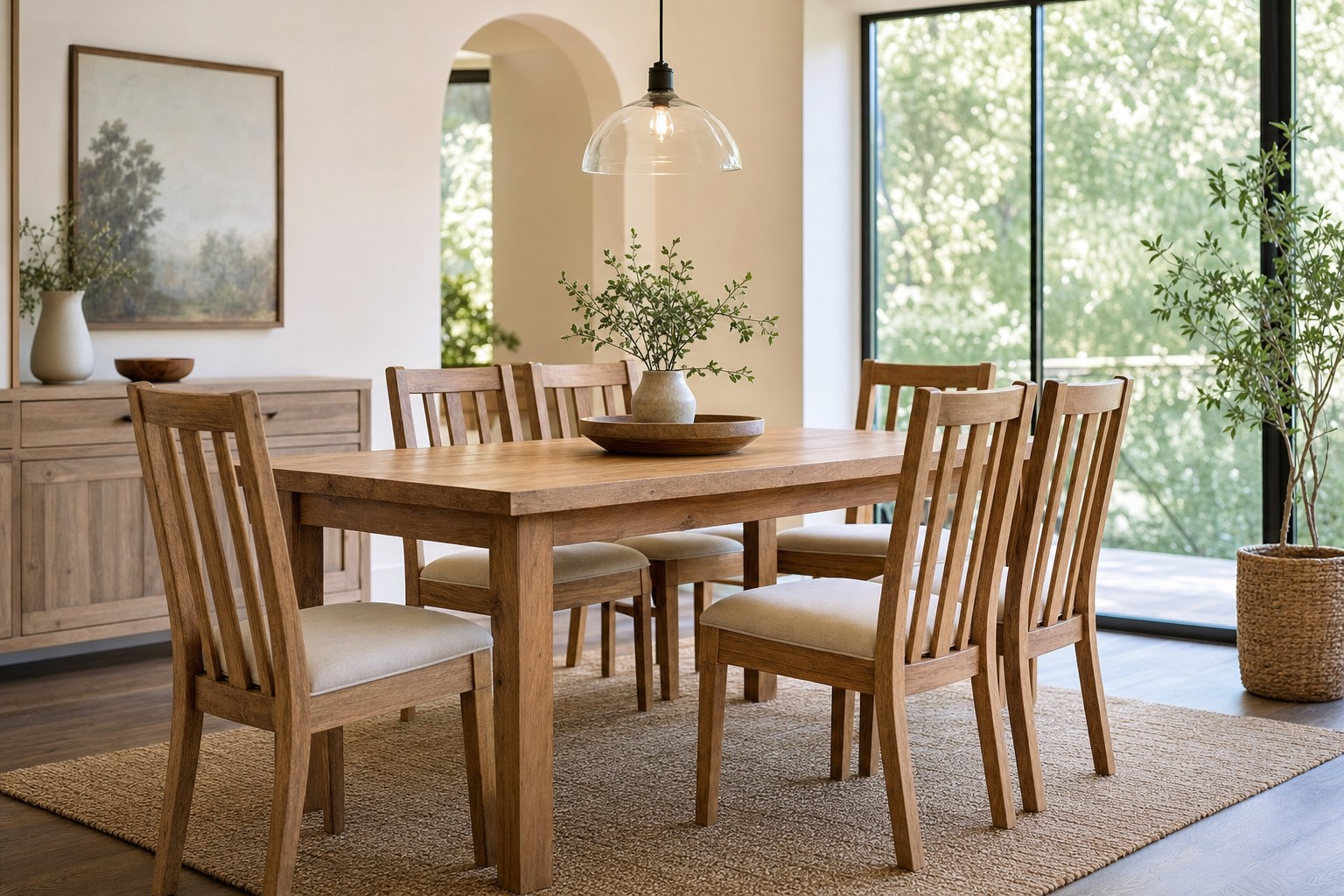 A warm dining room with a wood dining table and six chairs.