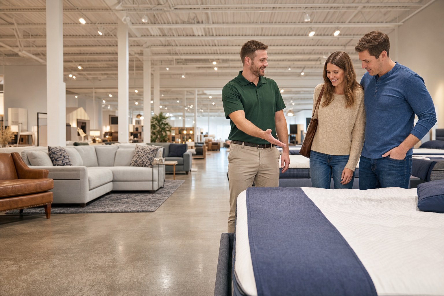 A couple receives help choosing a mattress in a bright furniture showroom.