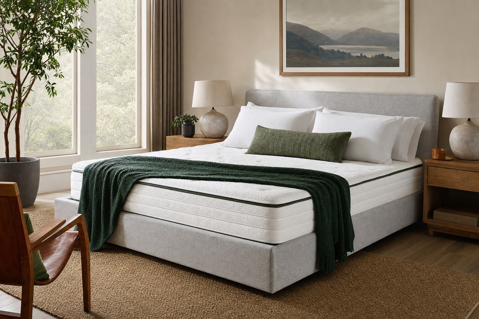 A neatly made contemporary mattress in a calm bedroom.
