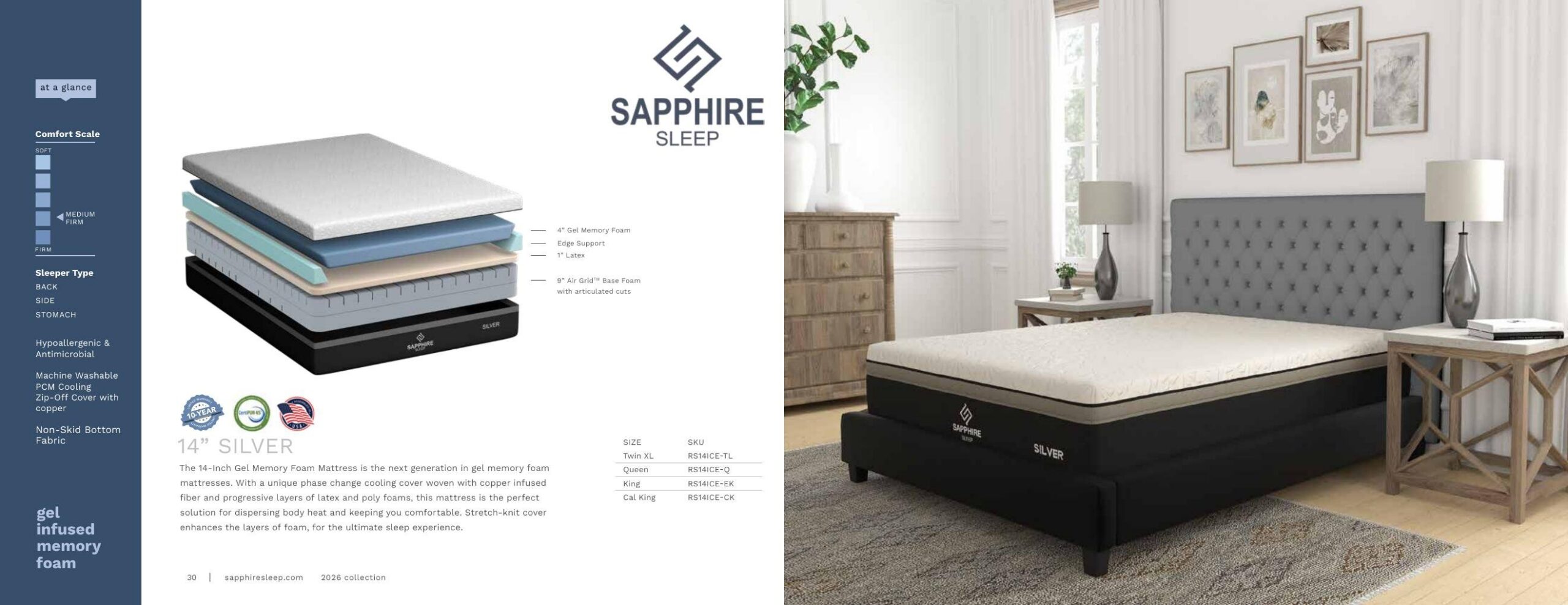 Sapphire Sleep Ice Silver mattress in a bedroom, available in queen size.
