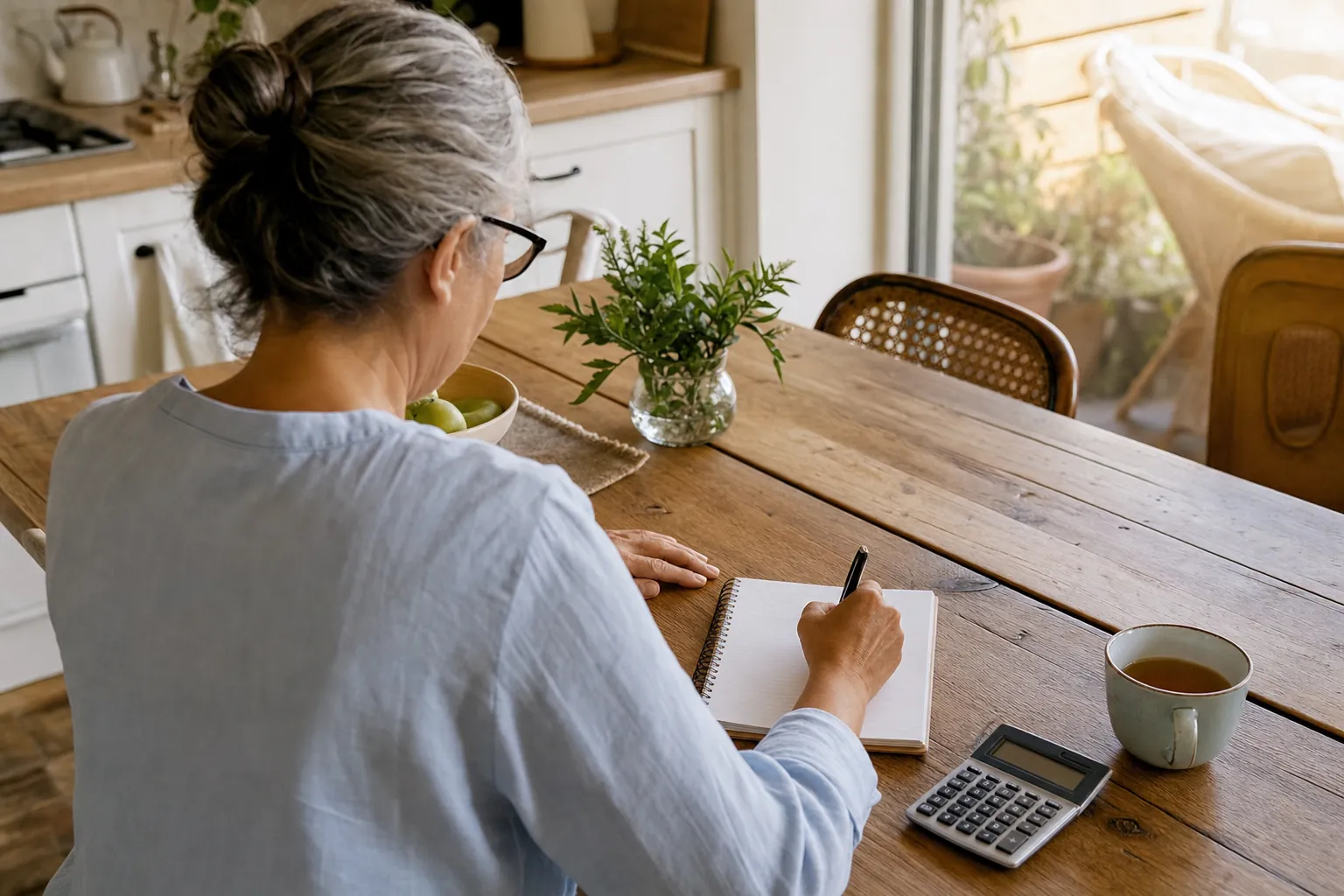 An adult writing a savings plan at a kitchen table beside a calculator and tea.