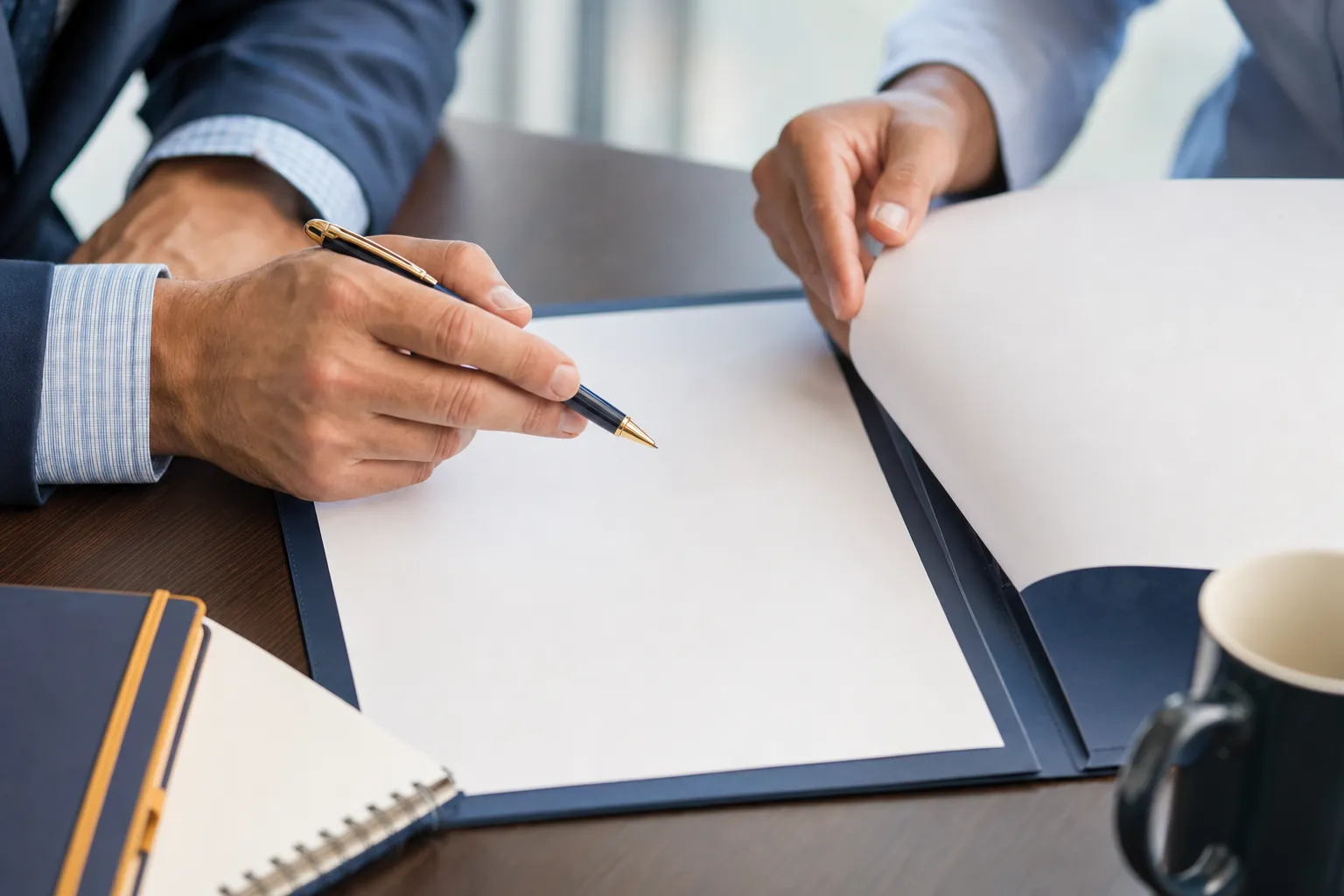 Two people reviewing a blank benefits folder at a desk.