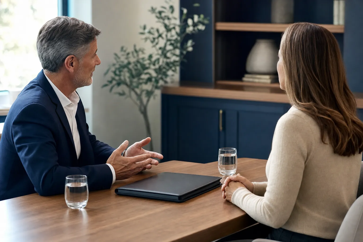 A financial professional speaking with a client across a meeting table.