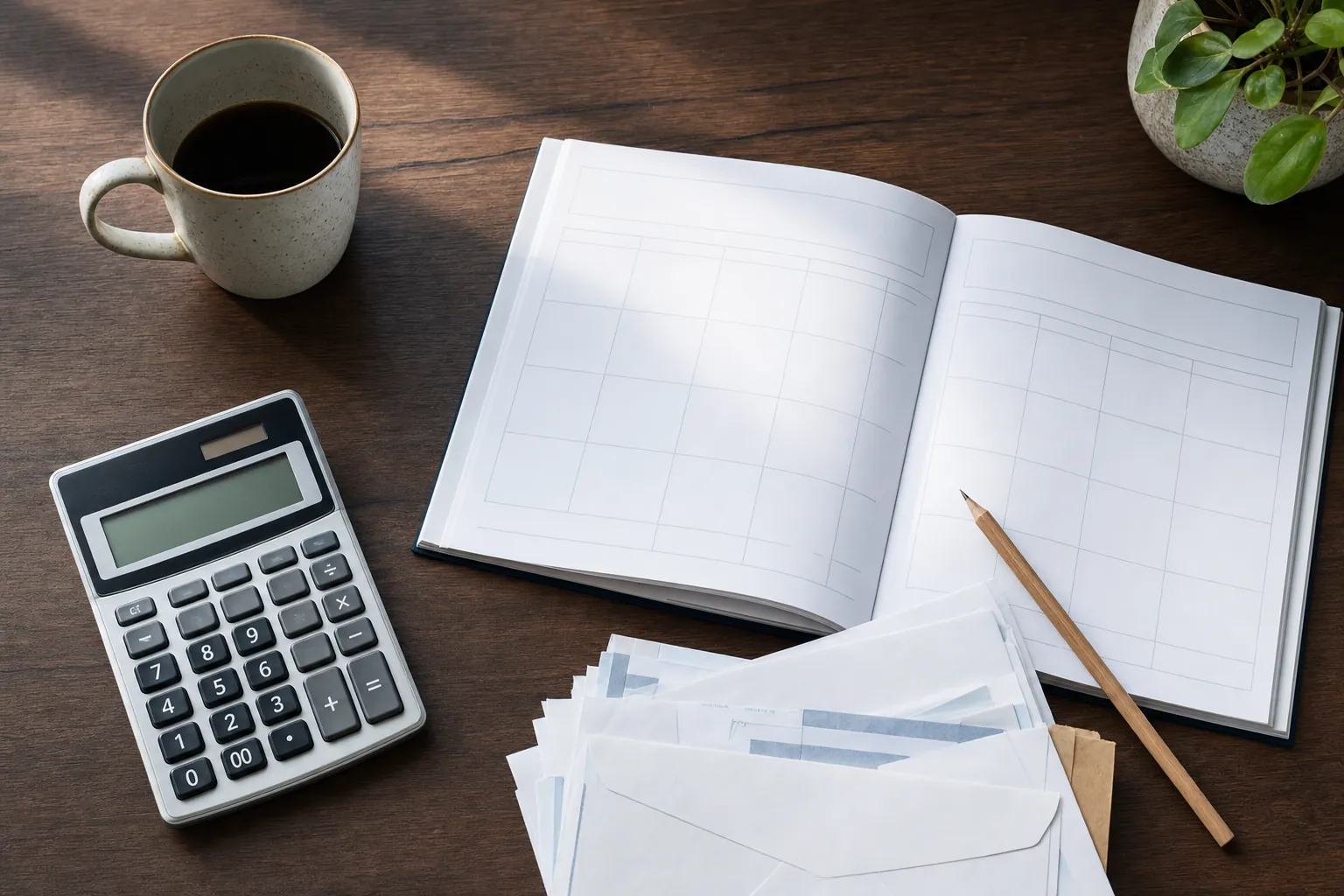 A calculator, blank monthly planner, pencil, and household envelopes arranged for a budget review.