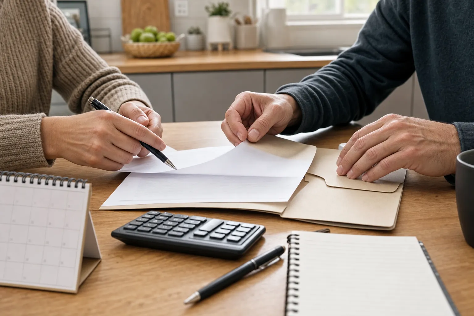 Two adults reviewing planning documents, a calculator, and a calendar at a kitchen table.