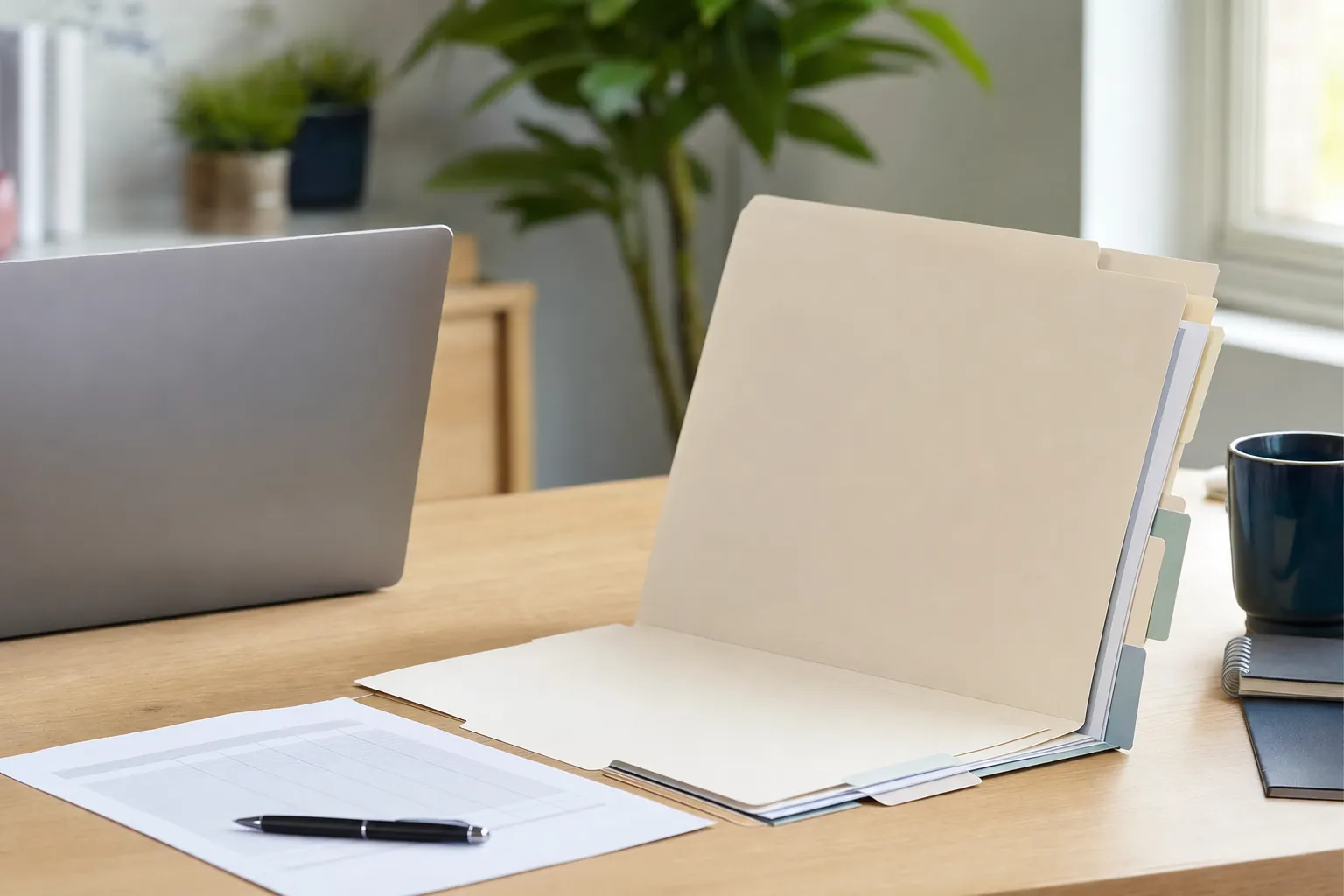 A neutral workplace benefits folder, laptop, and planning materials on a bright desk.