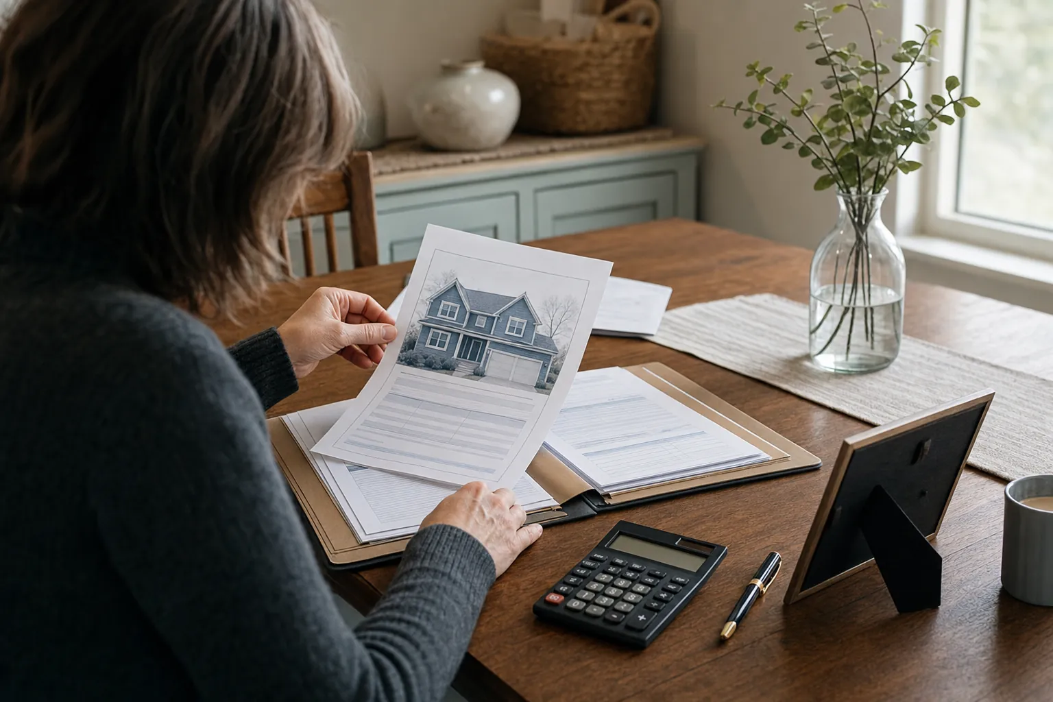 An adult reviewing home and estate documents at a dining table.