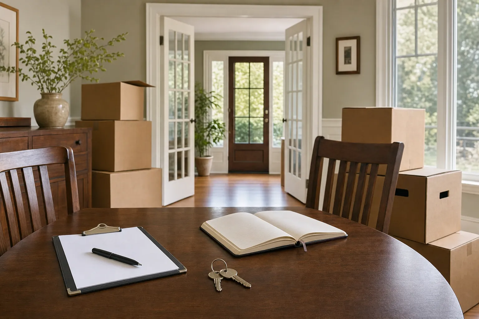A family home dining room prepared for an estate property review, with boxes, keys, and a notebook.