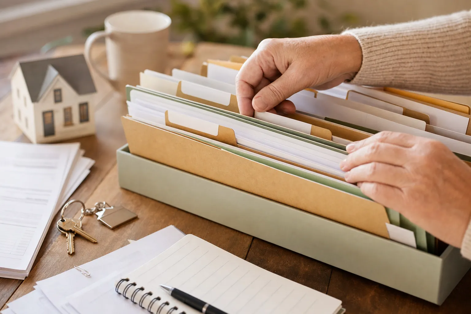 Hands sorting an organised file box with estate records and house keys.