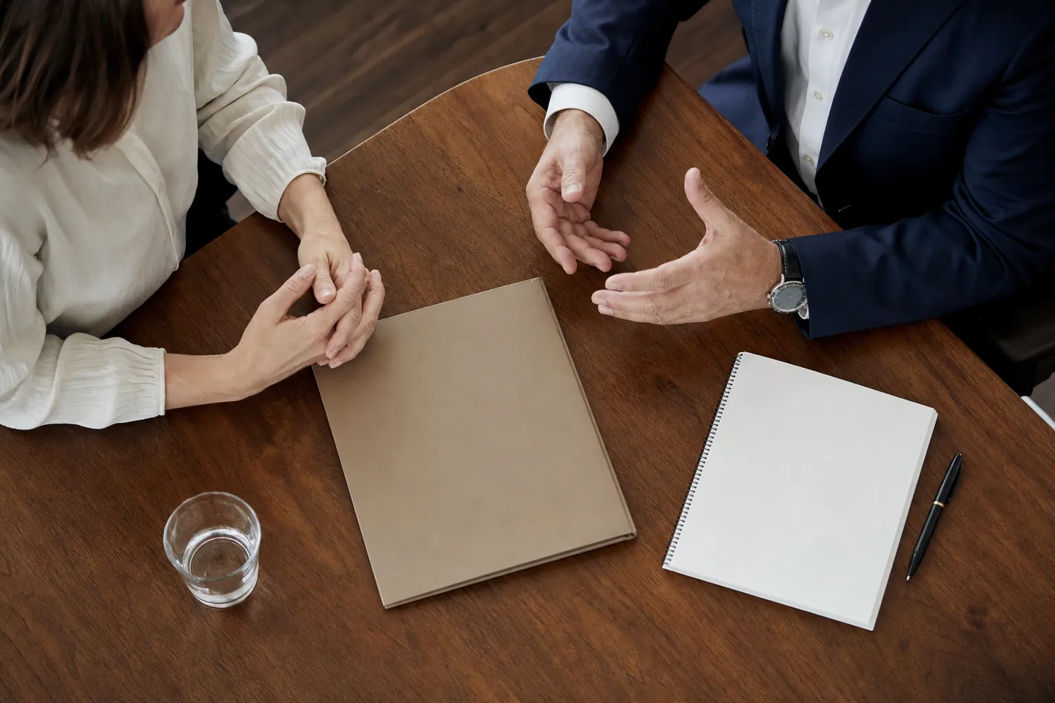 An advisor and client discussing a folder and notebook at a meeting table.