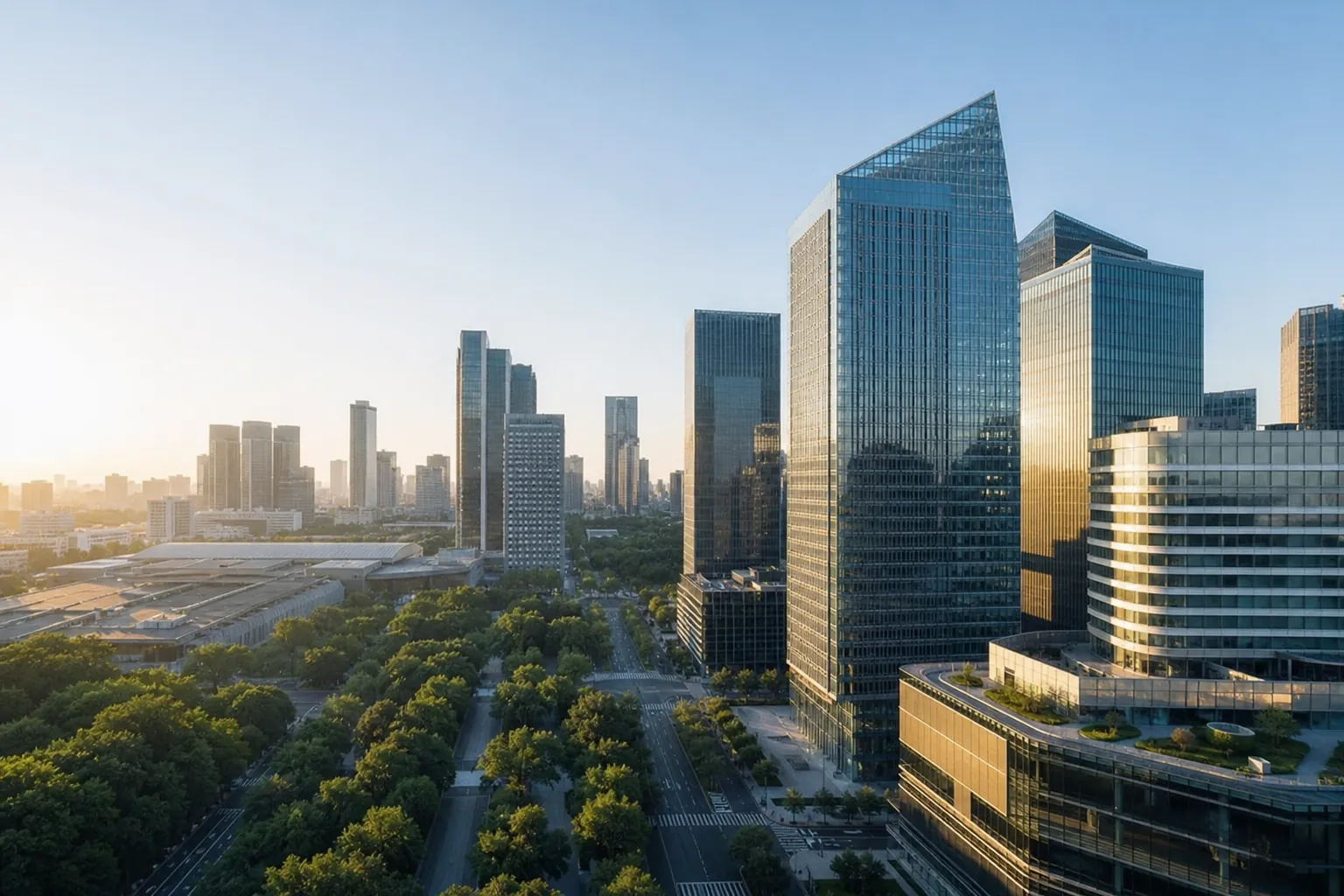 An investment research desk facing a city skyline at dawn.