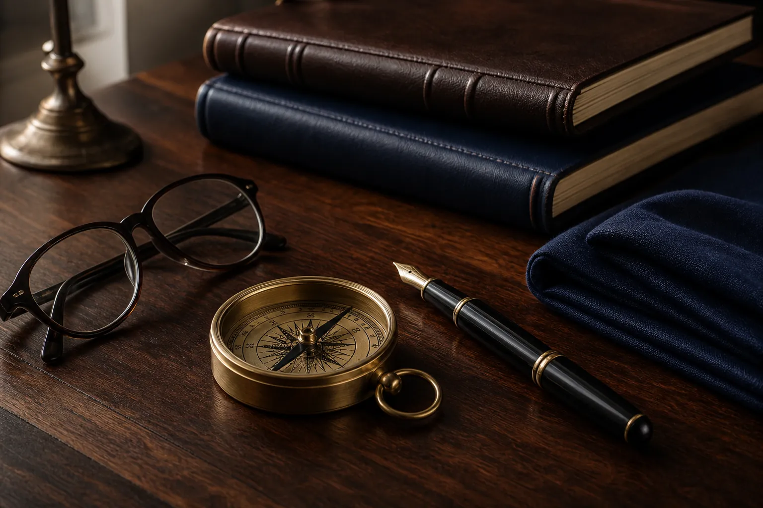 A brass compass, fountain pen, reading glasses, and leather notebooks arranged on a walnut table.