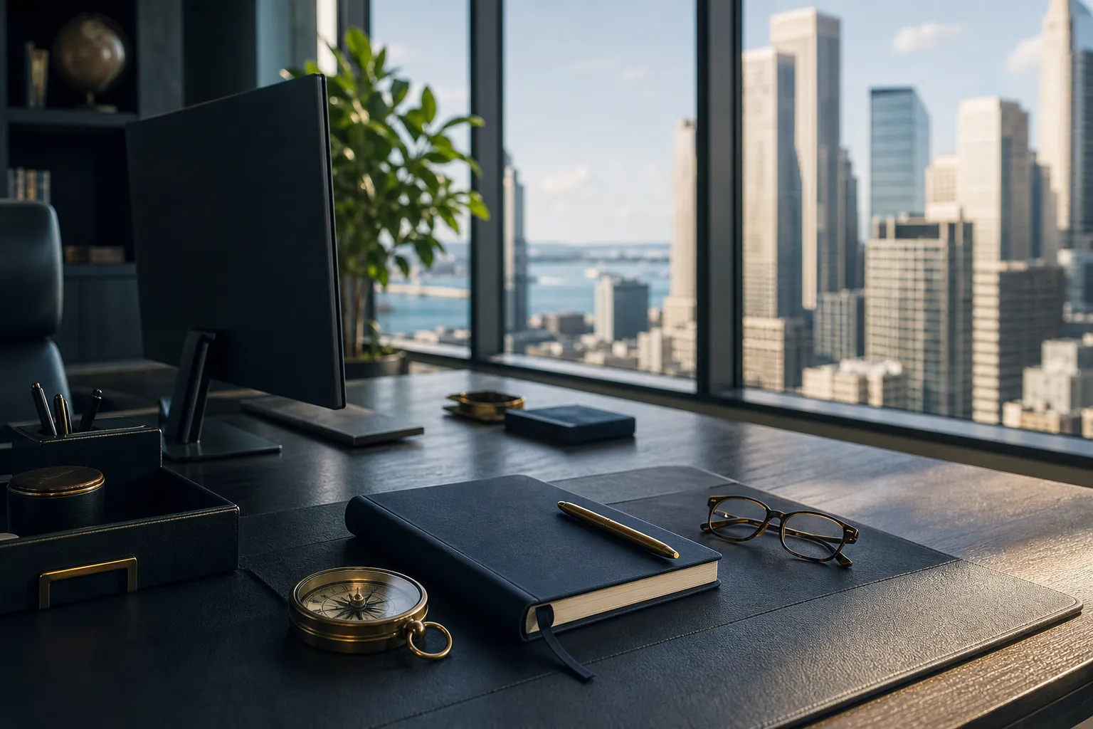 An investment research desk facing a city skyline at dawn.