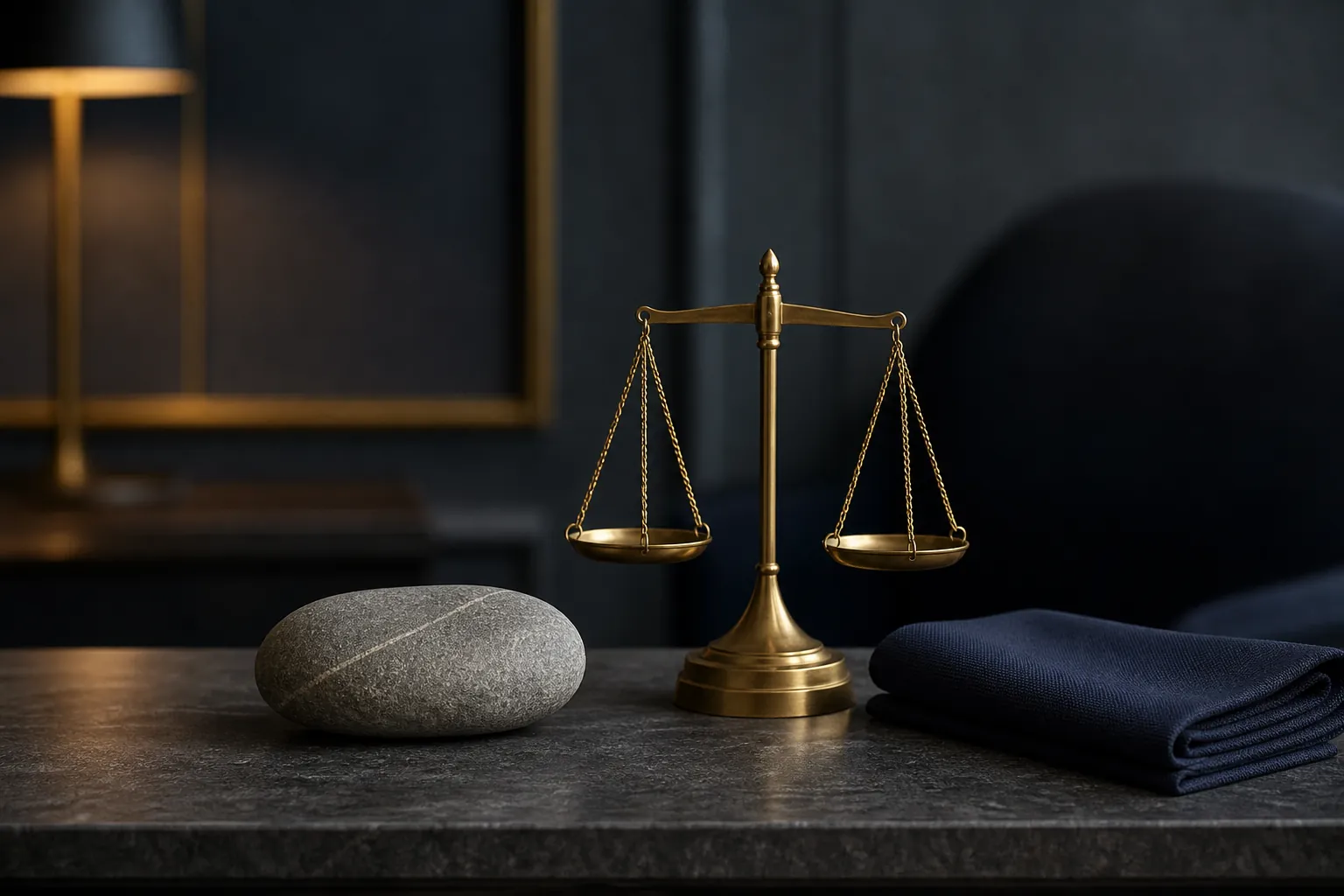 Balanced river stones and a brass scale on a navy cloth, representing a disciplined portfolio mix.