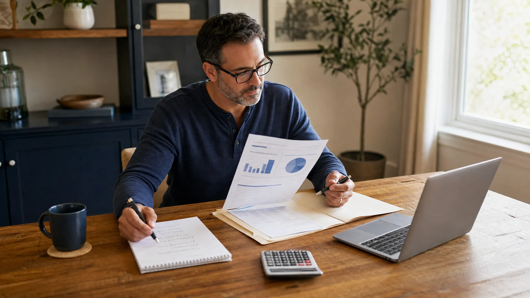 A man reviewing retirement account papers, a checklist, and a calculator at a home desk.