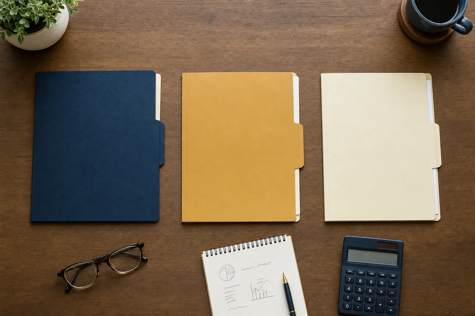 Three retirement planning folders, a calculator, notebook, and reading glasses arranged for comparison.