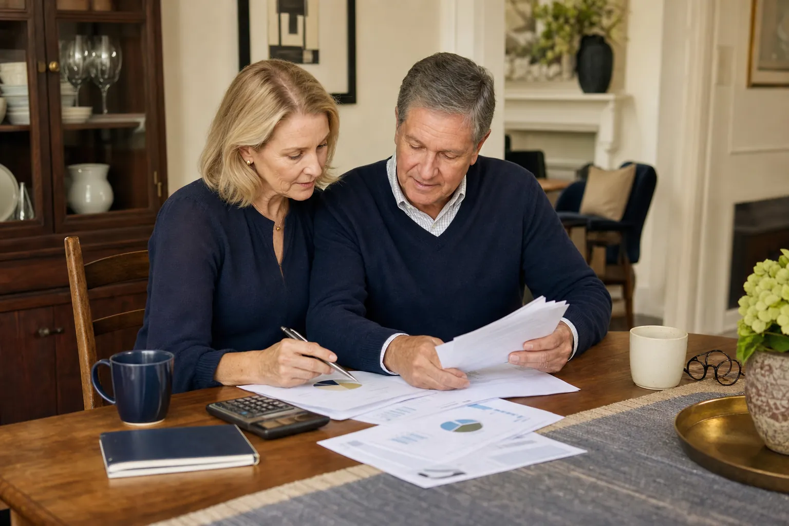 A couple reviewing retirement account paperwork, a calculator, and planning notes together at a dining table.
