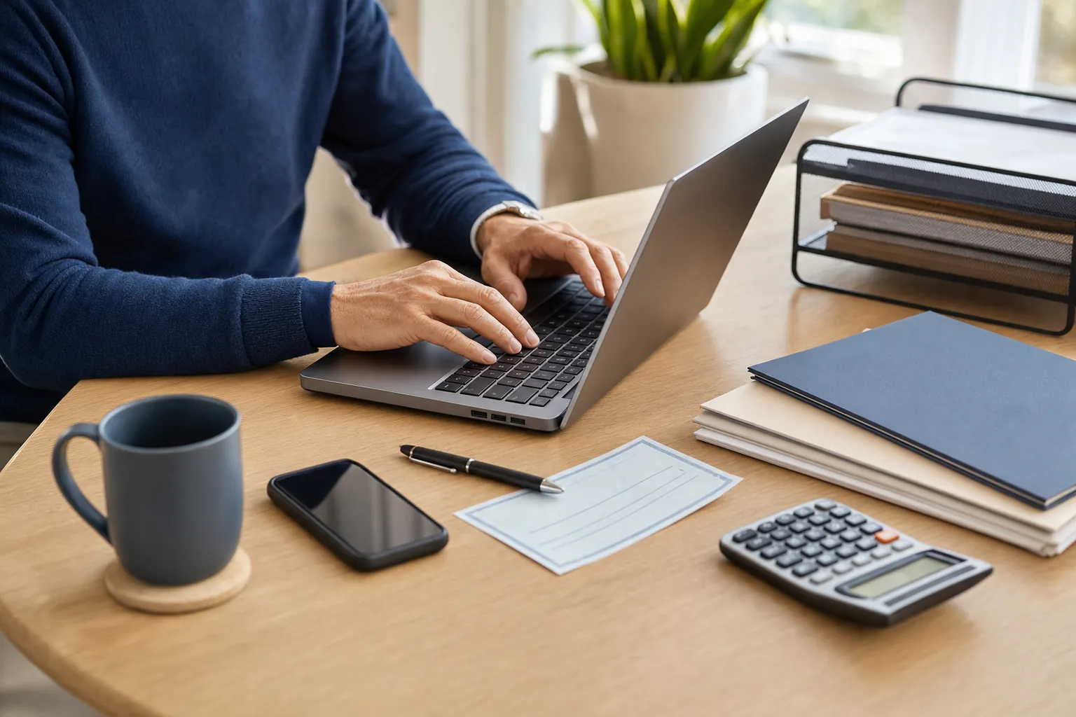 A person using a laptop beside retirement paperwork, a calculator, and organised planning folders.