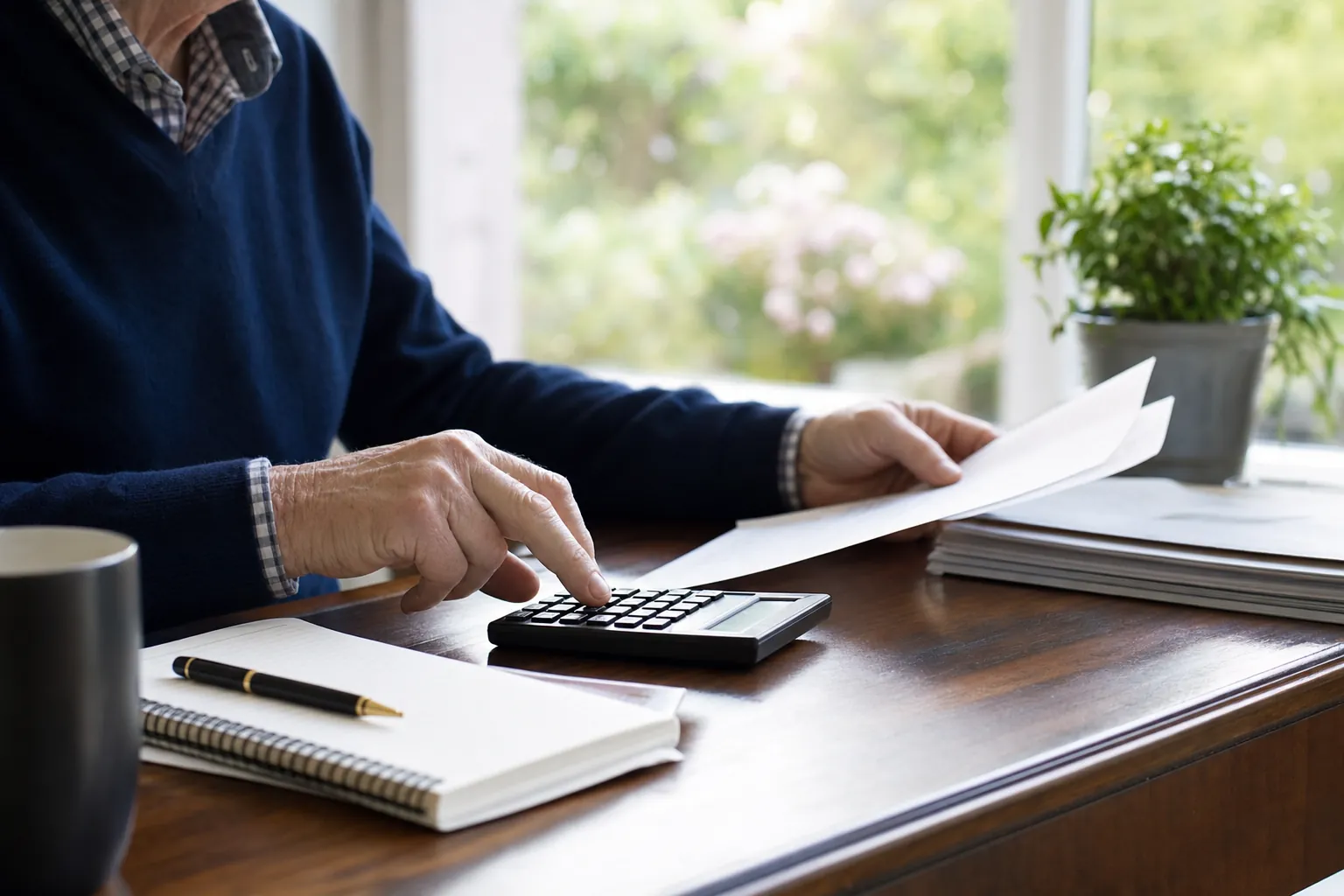 An older adult reviewing retirement planning papers with a calculator at a home desk.