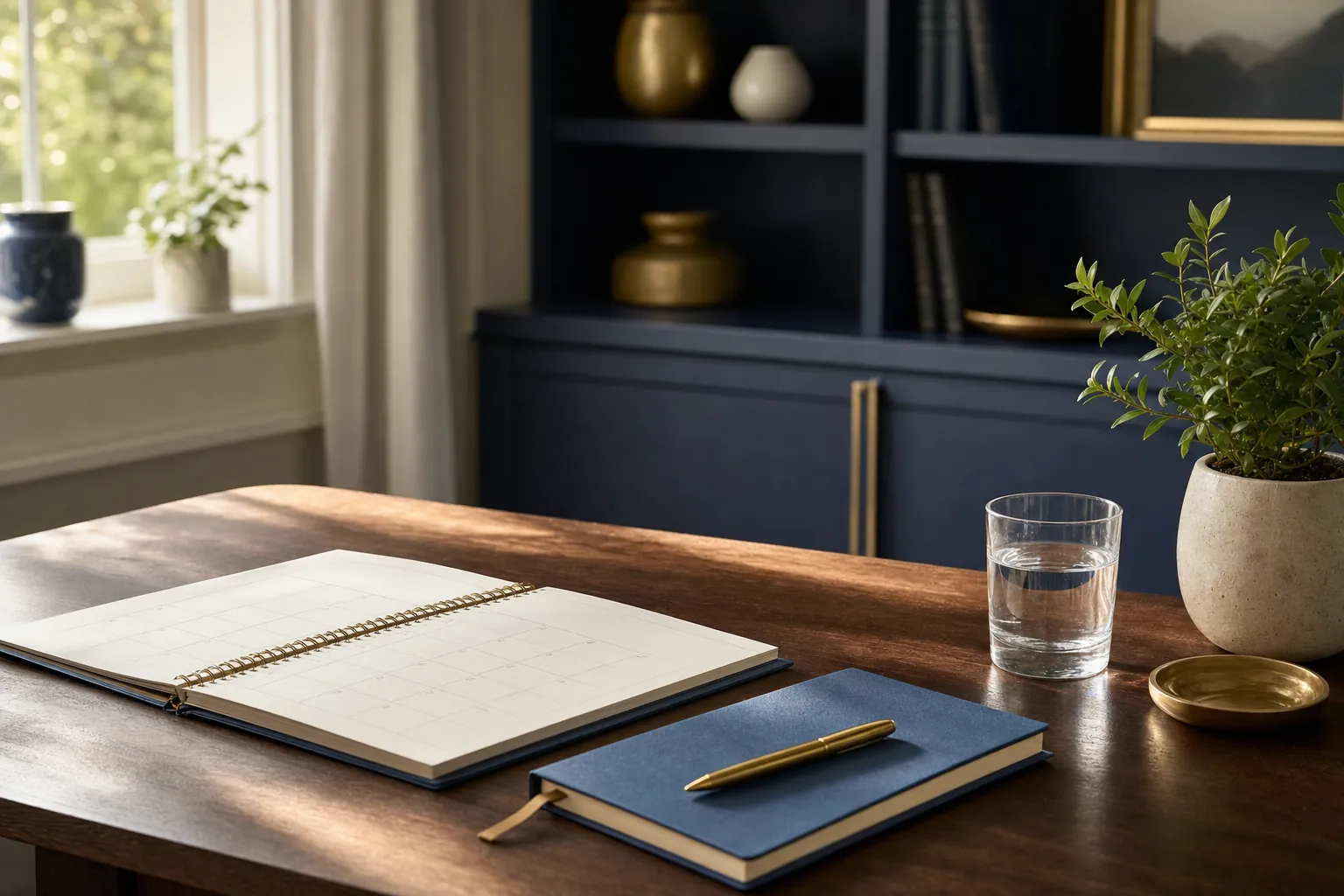 A calendar and notebook on a sunlit desk prepared for long-term planning.
