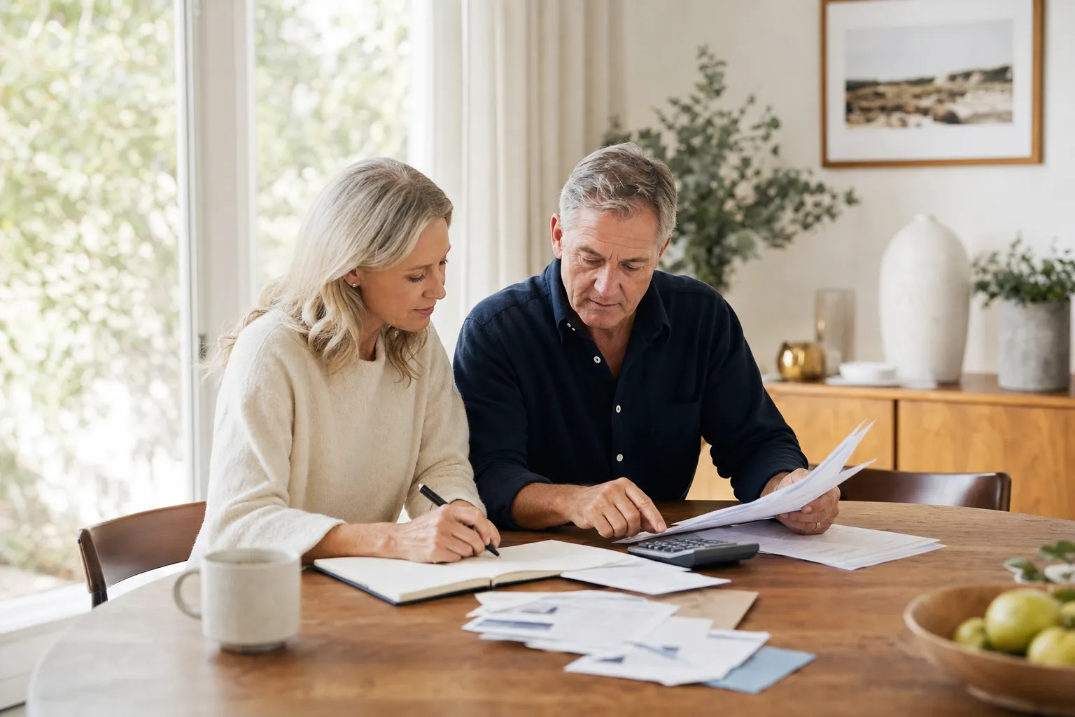 A couple reviewing retirement planning papers and a calculator at their dining table.